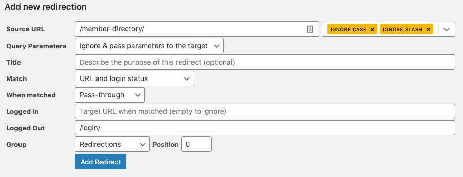 Filled-in "Add new redirection" form