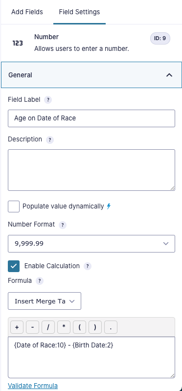 Field Settings for Age on Date of Race field, showing formula entered in calculation box