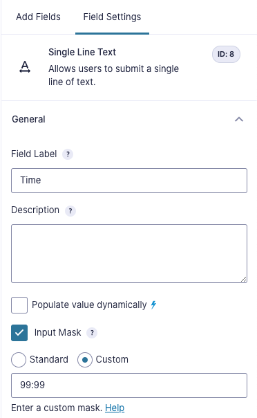 Field Settings for Time field showing 99:99 entered as custom input mask