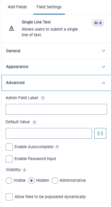 Field Settings for Last Name Check, Advanced Tab, Visibility set to Hidden