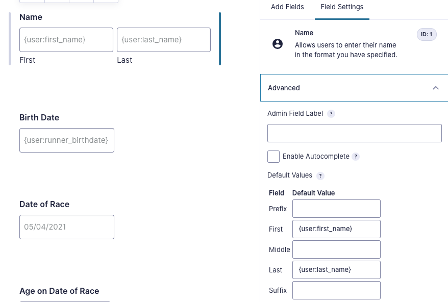 Field Settings for Name field showing meta tags entered in default value fields