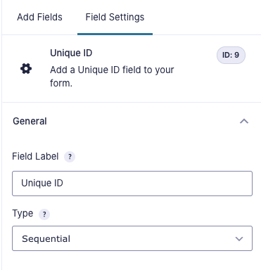 Field Settings for Unique ID field showing sequential type selected
