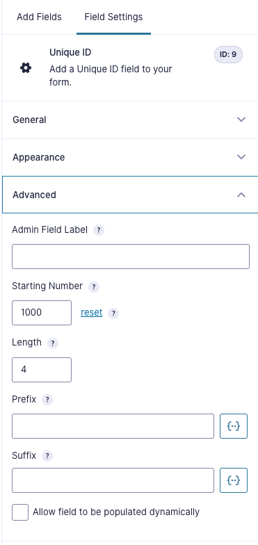 Field Settings for Unique ID field, Advanced Tab, showing Starting Number set to 1000 and Length 4