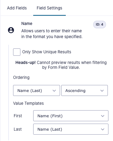Field Settings for Name field showing Value Templates matched as described above