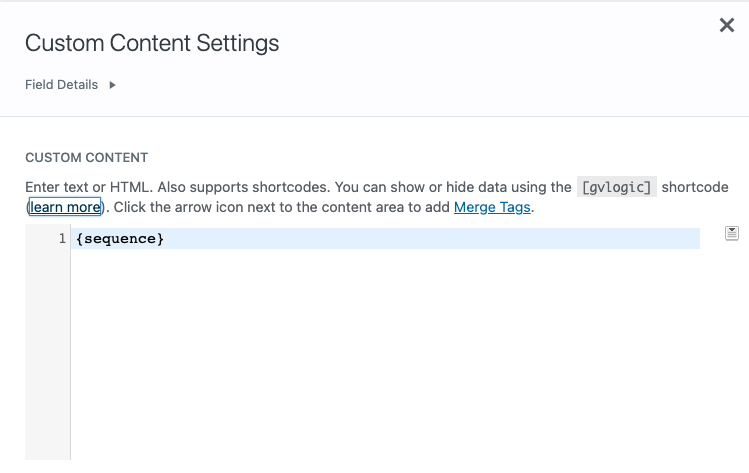Custom Content Settings with {sequence} entered in content box