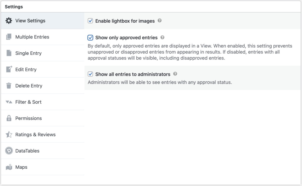 View Settings with check marks next to lightbox, show only, and show all