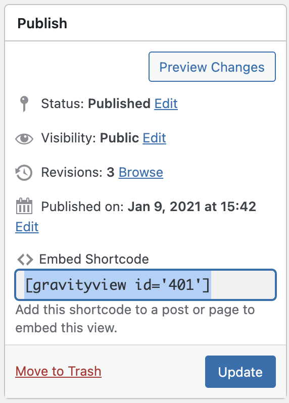 Embed Shortcode highlighted in Publish box