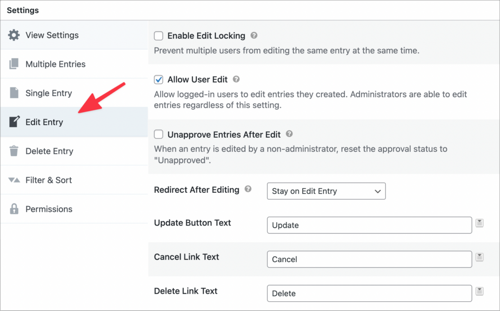 The Edit Entry settings in GravityView
