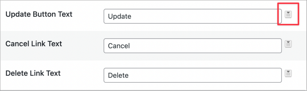 Input boxes for changing the text of the 'Update', 'Cancel' and 'Delete' buttons