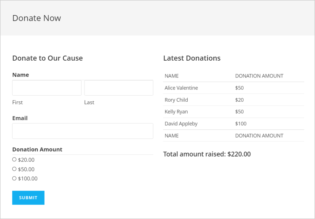 A page displaying donations on the front end build using GravityView