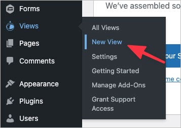 The 'New View' link under the 'Views' link in the WordPress menu