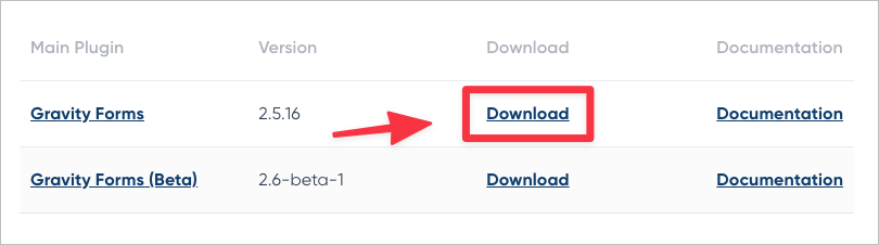 The "Download" link on the Gravity Forms Account page