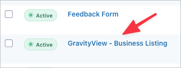 The 'GravityView - Business Listing' form on the Forms page