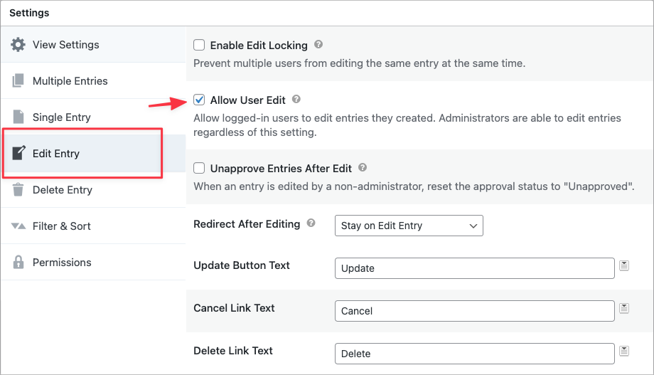 The 'Allow User Edit' checkbox in the GravityView Edit Entry settings