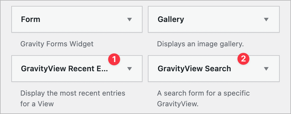 The GravityView Recent Entries widget and the GravityView Search widget