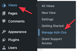 The 'Manage Add-On' link under the 'Views' link in the WordPress admin menu