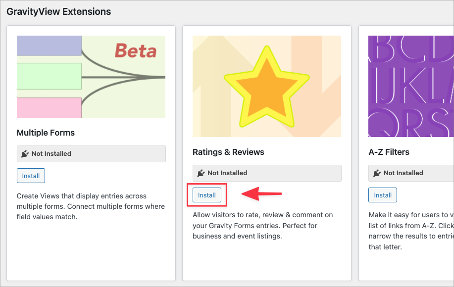 The 'Install' button for the Ratings & Reviews extension