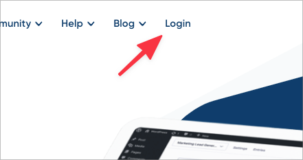An arrow pointing to the "Login" link on the Gravity Forms website