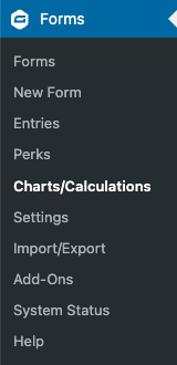 Forms Menu from Admin Dashboard showing Charts/Calculations menu option