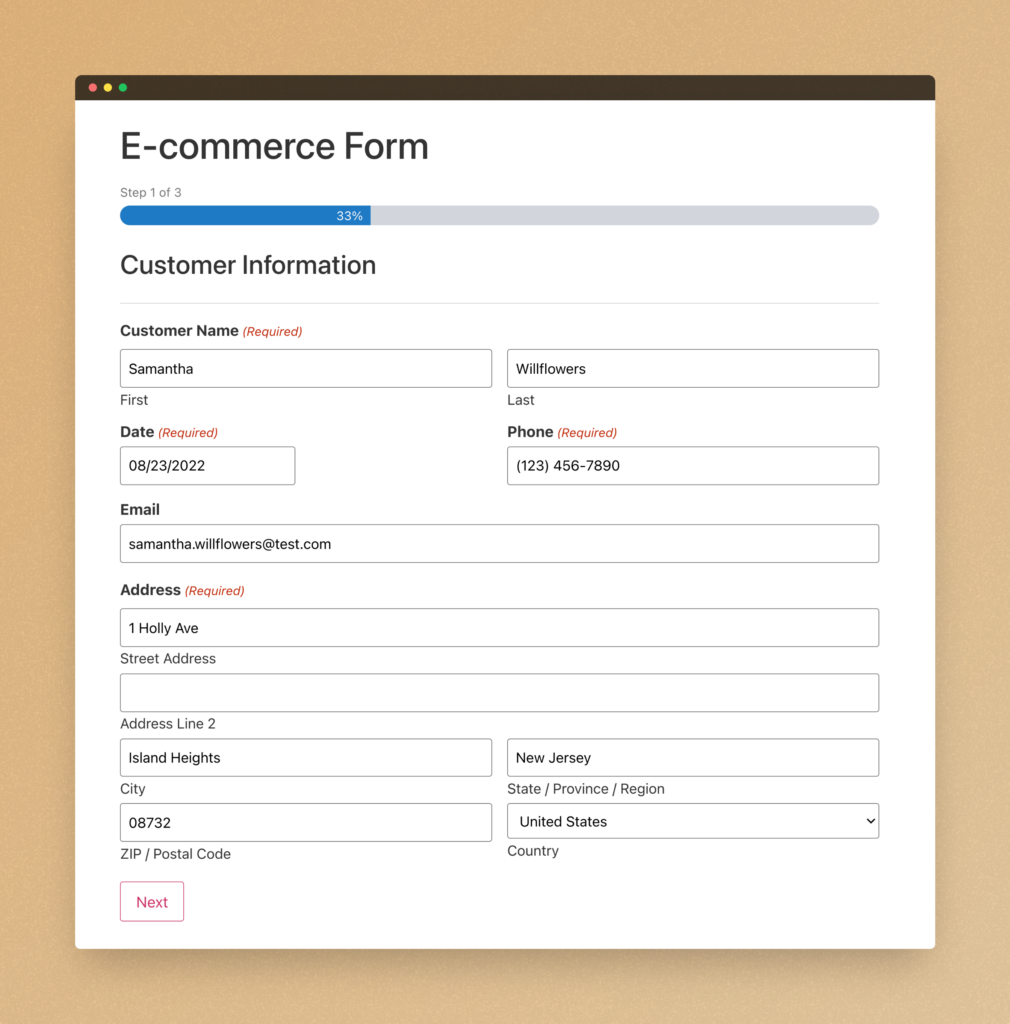Screenshot of the sample E-commerce form available for export