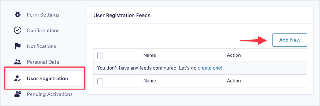 The "Add New" button on the User Registration feed page in Gravity Forms