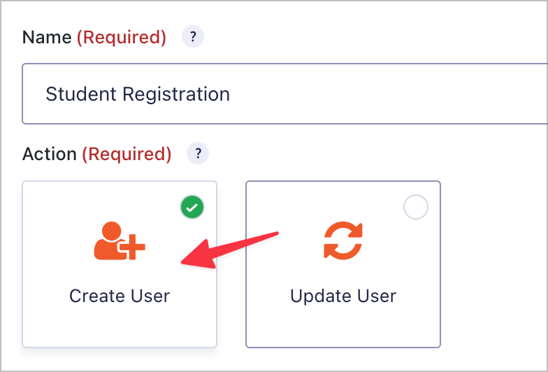 The "Create User" option on the User Registration feed options