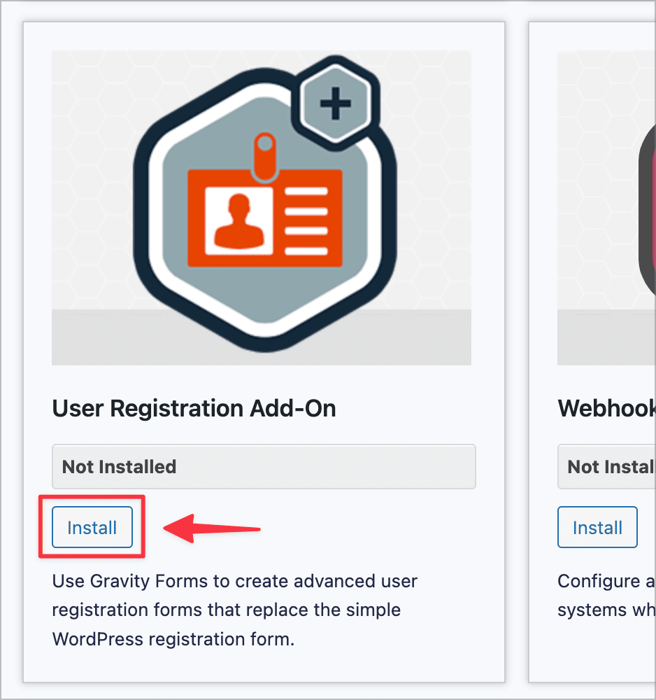 The "Install" button for the Gravity Forms User Registration add-on