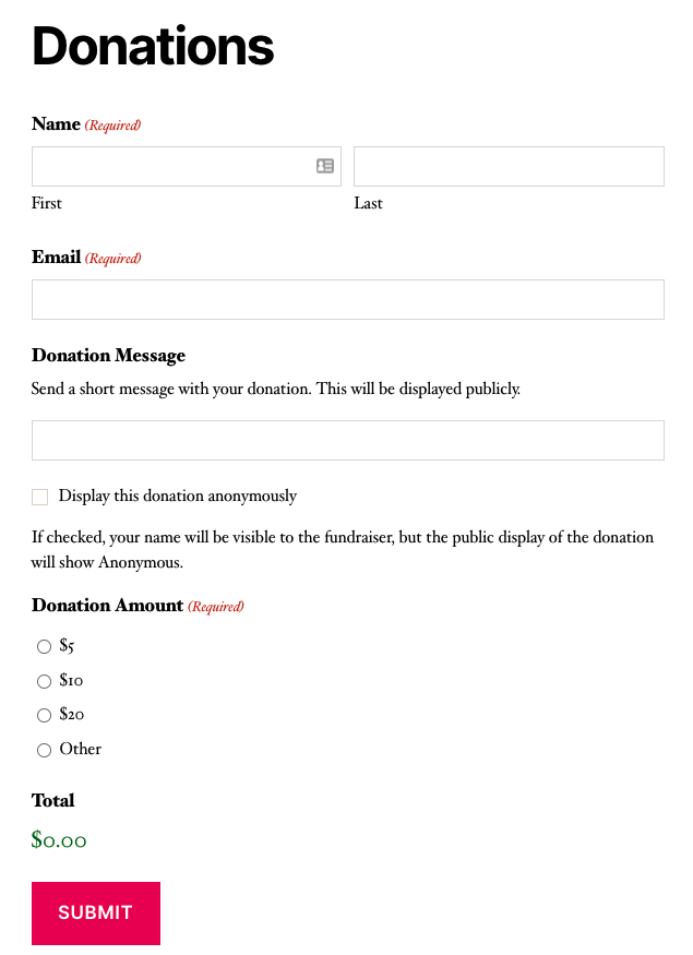 Completed Donation Form including Name, Email, Donation Message, Donation Amount and Total Fields