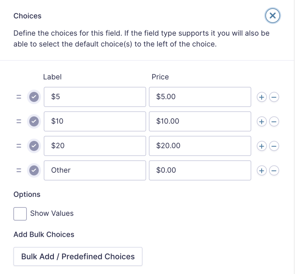 The choices for a Gravity Forms Radio Buttons field showing donation amounts from $5 to $20