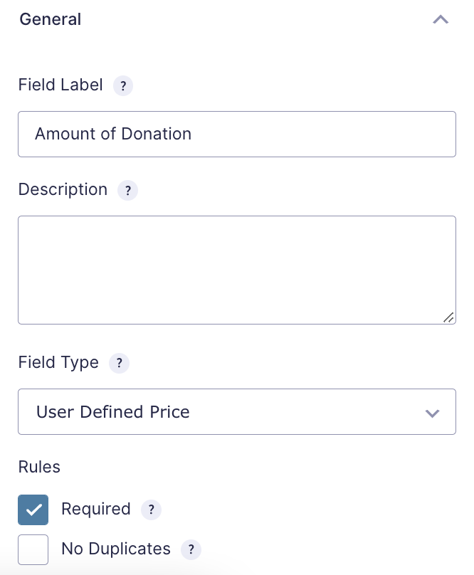 Required button is checked on the General tab of Amount of Donation field