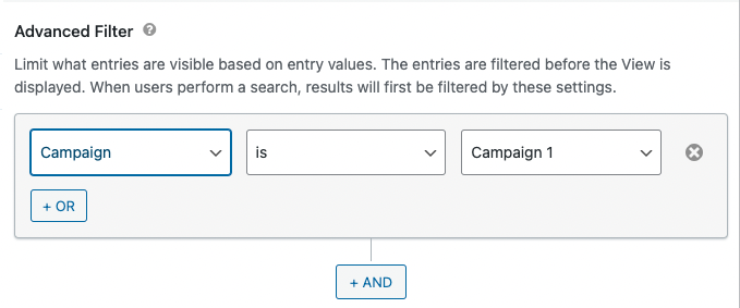 The GravityView Advanced Filter with the following condition: "Campaign is Campaign 1"